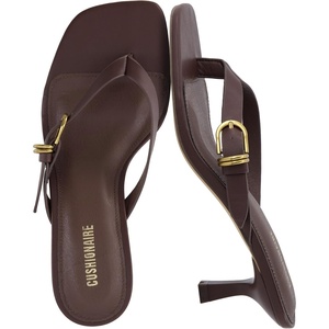 CUSHIONAIRE Marlin Low Kitten Heels for Women, Thong Style Dressy Heeled Womens Sandals with Adjustable Buckle Closure(Chocolate)