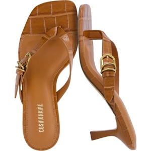 CUSHIONAIRE Marlin Low Kitten Heels for Women, Thong Style Dressy Heeled Womens Sandals with Adjustable Buckle Closure(Whiskey)