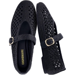CUSHIONAIRE Monet Woven Mary Jane Flats for Women, Comfortable Ballet Flats with Adjustable Gold-Tone Buckle Strap and Memory Foam Cushioning(Black)