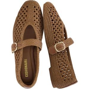 CUSHIONAIRE Monet Woven Mary Jane Flats for Women, Comfortable Ballet Flats with Adjustable Gold-Tone Buckle Strap and Memory Foam Cushioning(Brown)