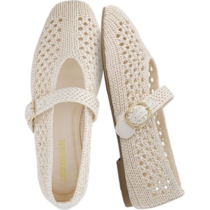CUSHIONAIRE Monet Woven Mary Jane Flats for Women, Comfortable Ballet Flats with Adjustable Gold-Tone Buckle Strap and Memory Foam Cushioning(Cream)