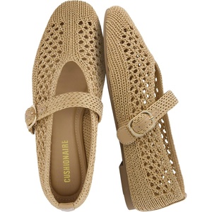 CUSHIONAIRE Monet Woven Mary Jane Flats for Women, Comfortable Ballet Flats with Adjustable Gold-Tone Buckle Strap and Memory Foam Cushioning(Tan)