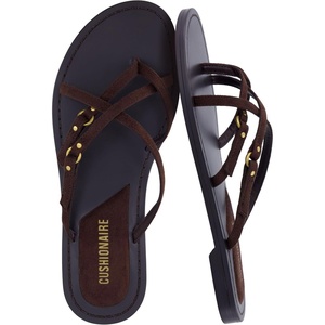 CUSHIONAIRE Raz Thong Strappy Sandals for Women, Minimalist Flat Sandals with Decorative Ring Accents(Chocolate)