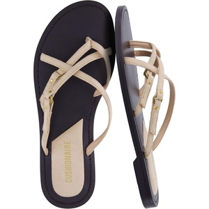 CUSHIONAIRE Raz Thong Strappy Sandals for Women, Minimalist Flat Sandals with Decorative Ring Accents(Sand)