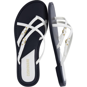 CUSHIONAIRE Raz Thong Strappy Sandals for Women, Minimalist Flat Sandals with Decorative Ring Accents(White)