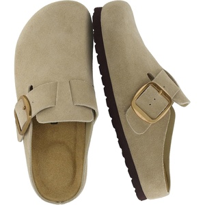 CUSHIONAIRE Rusty Genuine Leather Clogs for Women, Comfortable Slip On Womens Shoes with Adjustable Buckle and Soft Memory Foam(Beige)