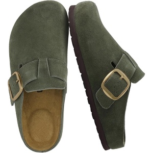 CUSHIONAIRE Rusty Genuine Leather Clogs for Women, Comfortable Slip On Womens Shoes with Adjustable Buckle and Soft Memory Foam(Khaki)