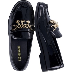 CUSHIONAIRE Rye Kids Dress Shoes Penny Loafers for Kids with Charm Chain(Black Patent)