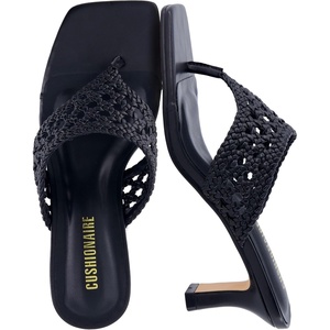 CUSHIONAIRE Spryte Flared Kitten Heels for Women, Square Toe Thong Heeled Sandals with Woven Braided Strap and Slip On Mule Style(Black)