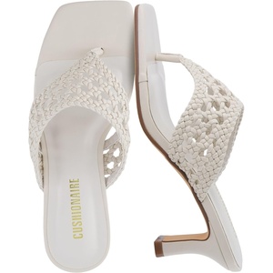 CUSHIONAIRE Spryte Flared Kitten Heels for Women, Square Toe Thong Heeled Sandals with Woven Braided Strap and Slip On Mule Style(Bone)