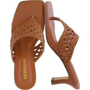 CUSHIONAIRE Spryte Flared Kitten Heels for Women, Square Toe Thong Heeled Sandals with Woven Braided Strap and Slip On Mule Style(Cognac)