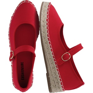 CUSHIONAIRE Tapas Canvas Mary Jane Flat Espadrilles for Women, Cushioned Comfort Closed Toe with Adjustable Strap(Red)