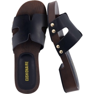 CUSHIONAIRE Thai 100% Genuine Leather Suede Platform Sandals for Women Adjustable Strap Heeled Slide Sandals(Black Smooth Vegan Leather)