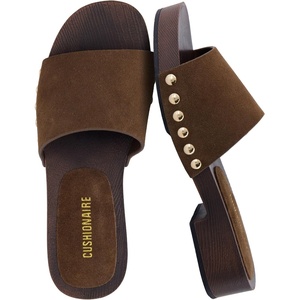 CUSHIONAIRE Timmi 100% Genuine Leather Suede Slides for Women, Slip On Low Heeled Dress Sandal with Studded Detail(Brown Genuine Suede)