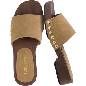 CUSHIONAIRE Timmi 100% Genuine Leather Suede Slides for Women, Slip On Low Heeled Dress Sandal with Studded Detail(Grey Genuine Suede)