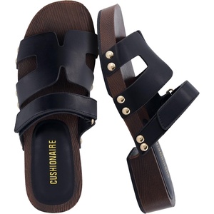 CUSHIONAIRE Tokyo Vegan Leather Suede Platform Sandals for Women Adjustable Strap Heeled Slide Sandals with Memory Foam Comfort(Black Smooth Vegan Leather)