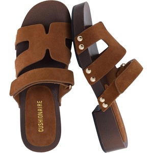 CUSHIONAIRE Tokyo Vegan Leather Suede Platform Sandals for Women Adjustable Strap Heeled Slide Sandals with Memory Foam Comfort(Cognac Genuine Suede)