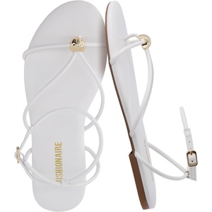CUSHIONAIRE Tory Strappy Flat Sandals for Women, Toe Ring Sandals with Adjustable Buckle Ankle Strap, Wrap Style(Ivory)