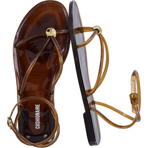 CUSHIONAIRE Vita Jelly Sandals for Women, Casual Lightweight Womens Strappy Sandals with Adjustable Buckle Strap and Gold Hardware Accent(Chocolate)