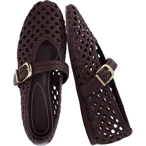 CUSHIONAIRE Wit Hand Woven Womens Flats, Comfortable Mary Jane Ballet Flat with Adjustable Buckle Braided Strap and Cushioned Memory Foam(Brown)