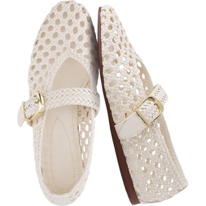 CUSHIONAIRE Wit Hand Woven Womens Flats, Comfortable Mary Jane Ballet Flat with Adjustable Buckle Braided Strap and Cushioned Memory Foam(Cream)