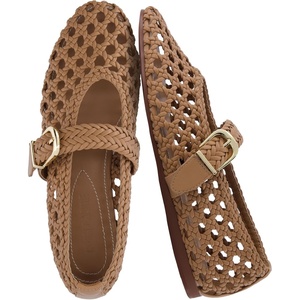 CUSHIONAIRE Wit Hand Woven Womens Flats, Comfortable Mary Jane Ballet Flat with Adjustable Buckle Braided Strap and Cushioned Memory Foam(Latte)