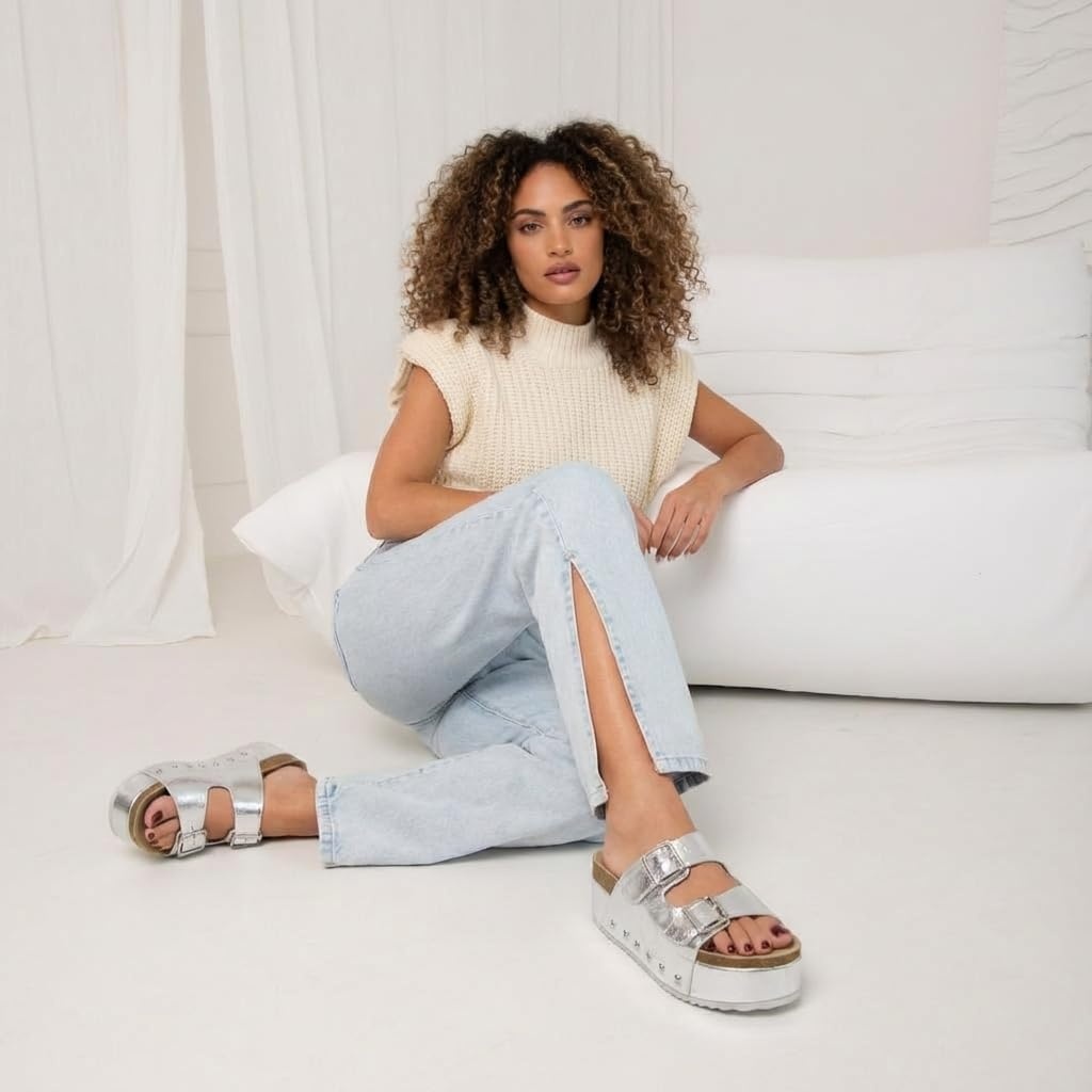 image:imageCUSHIONAIRE Guru Platform Sandals Women Footwear Comfortable Genuine Leather Footbed Studded Chunky Slide Summer Sandals for WomenSilver