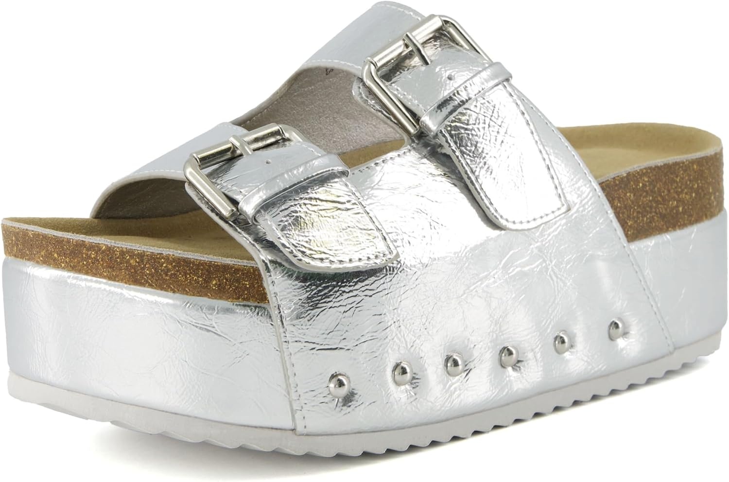 image:imageCUSHIONAIRE Guru Platform Sandals Women Footwear Comfortable Genuine Leather Footbed Studded Chunky Slide Summer Sandals for WomenSilver