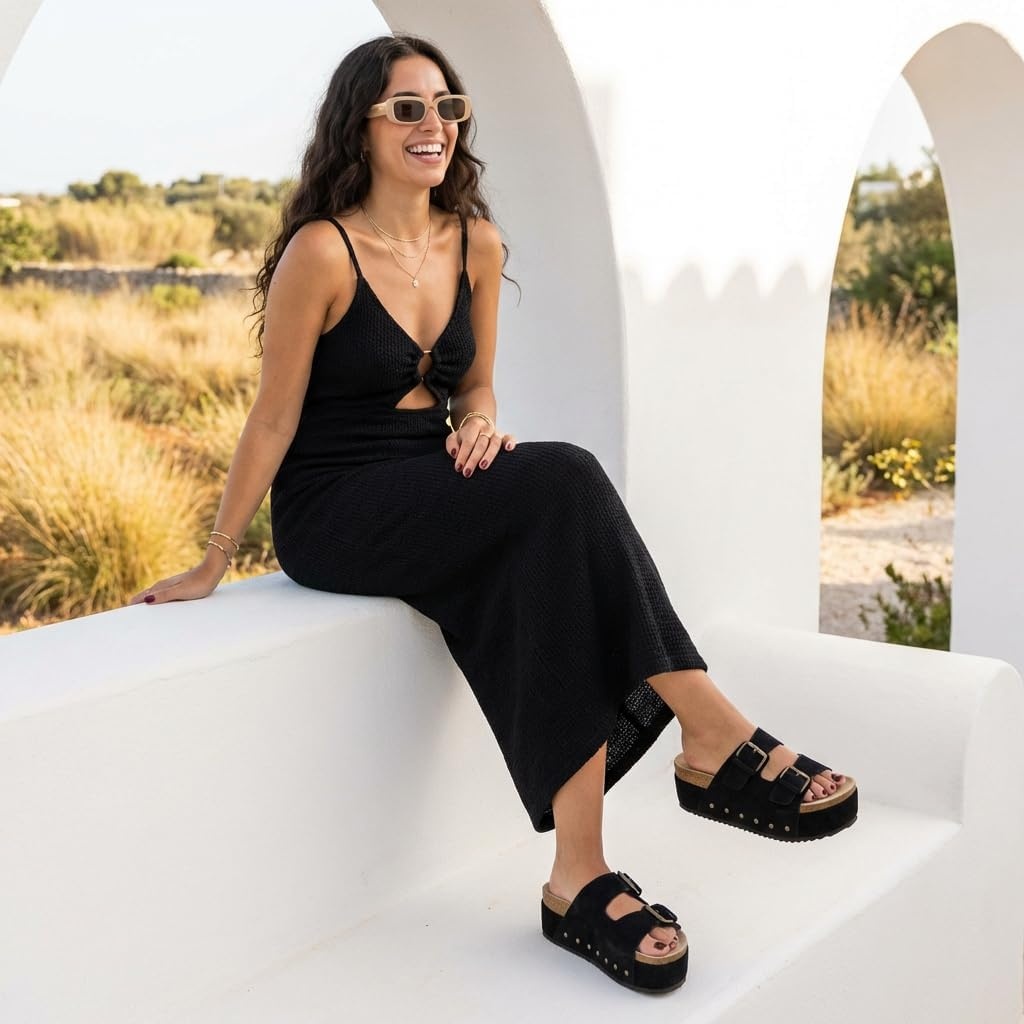 image:imageCUSHIONAIRE Guru Platform Sandals Women Footwear Comfortable Genuine Leather Footbed Studded Chunky Slide Summer Sandals for WomenSuede Black