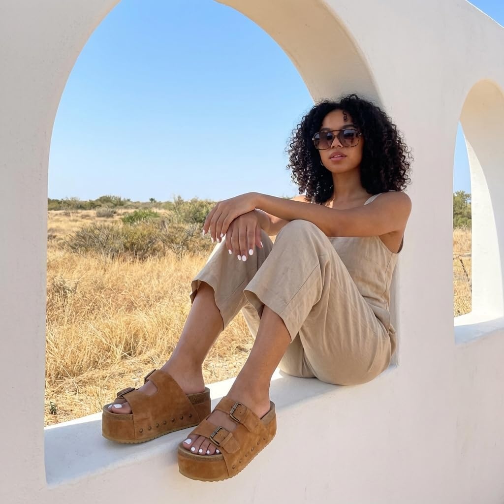 image:imageCUSHIONAIRE Guru Platform Sandals Women Footwear Comfortable Genuine Leather Footbed Studded Chunky Slide Summer Sandals for WomenSuede Chestnut