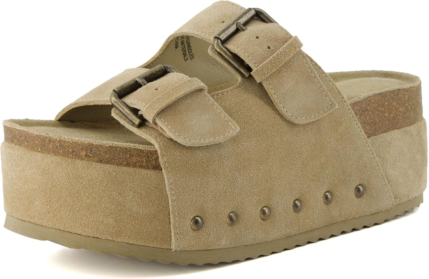 image:imageCUSHIONAIRE Guru Platform Sandals Women Footwear Comfortable Genuine Leather Footbed Studded Chunky Slide Summer Sandals for WomenSuede Khaki