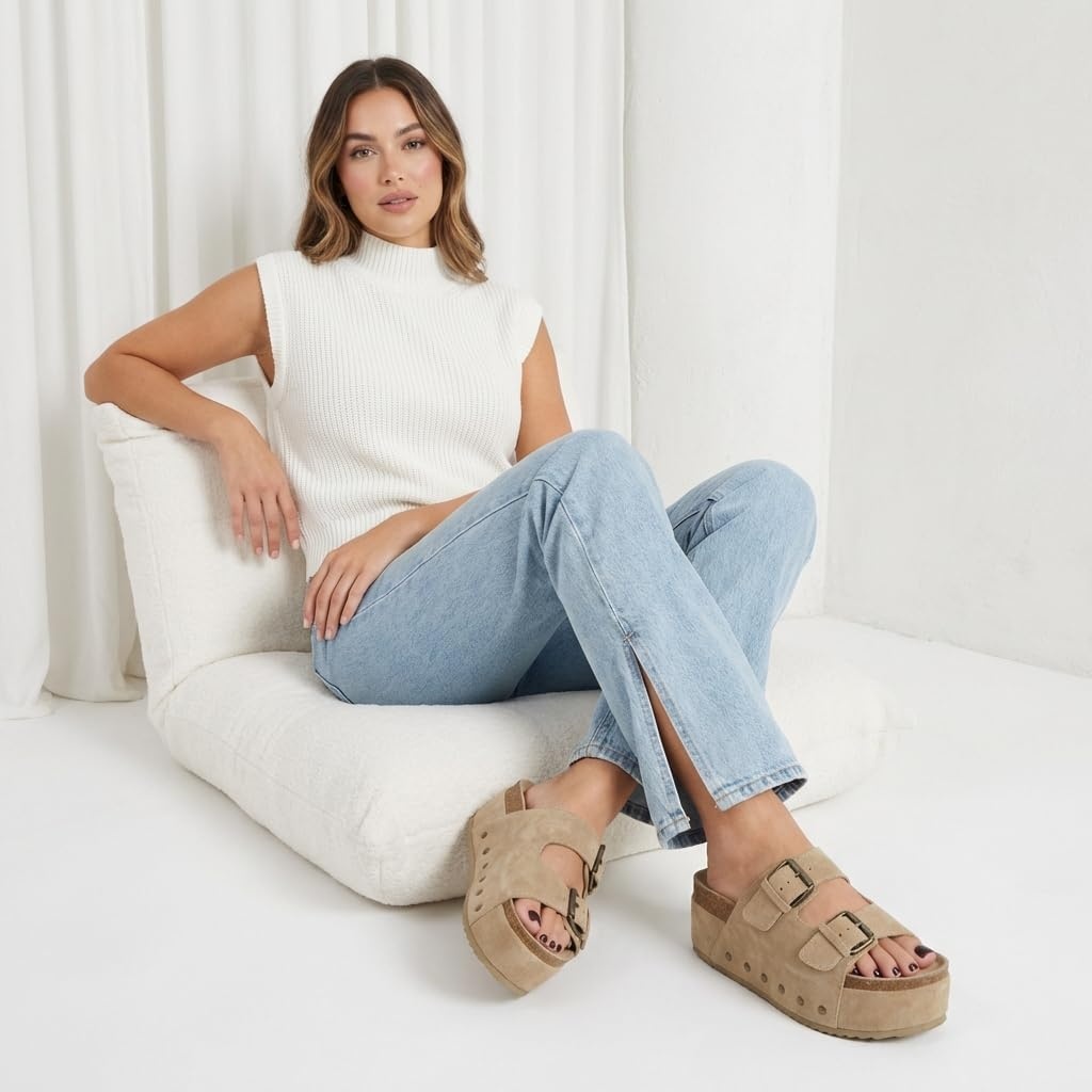 image:imageCUSHIONAIRE Guru Platform Sandals Women Footwear Comfortable Genuine Leather Footbed Studded Chunky Slide Summer Sandals for WomenSuede Khaki