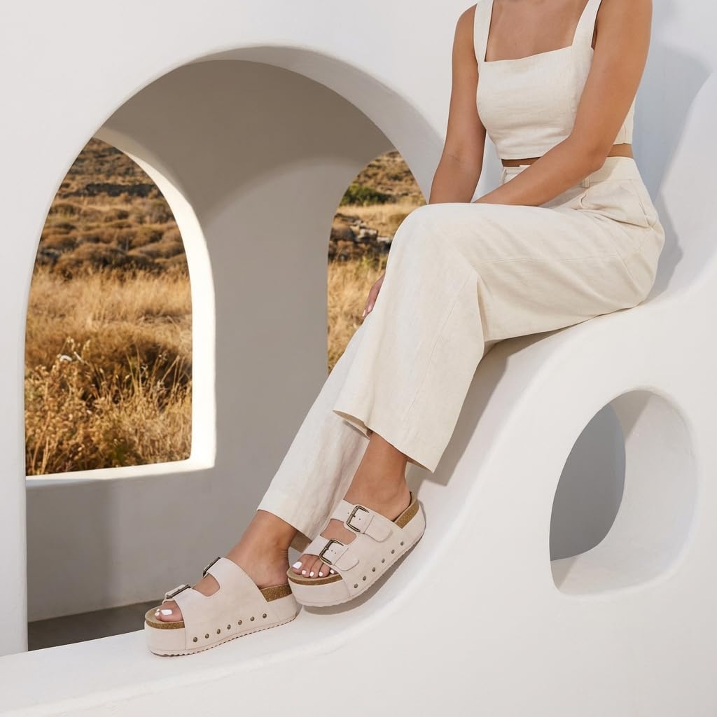 image:imageCUSHIONAIRE Guru Platform Sandals Women Footwear Comfortable Genuine Leather Footbed Studded Chunky Slide Summer Sandals for WomenSuede Off White