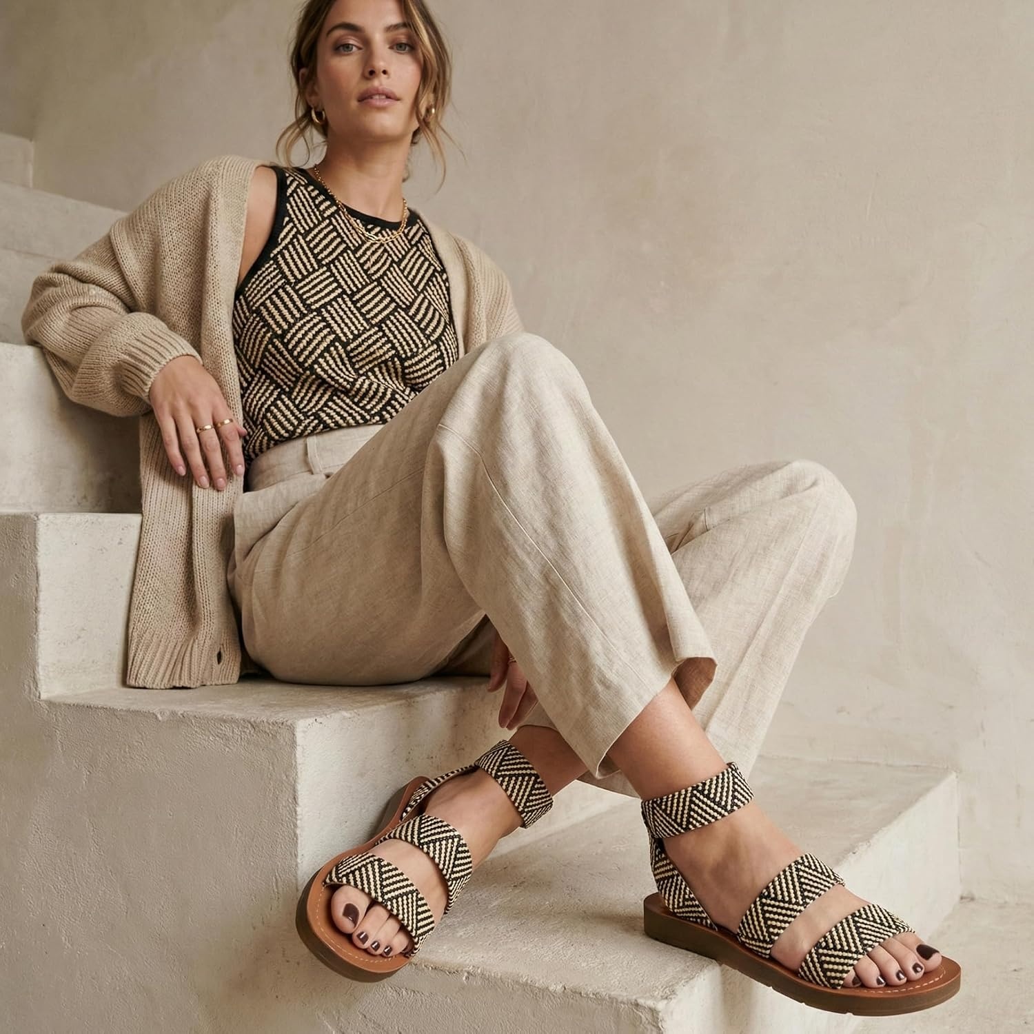 image:imageCUSHIONAIRE Indego Strappy Flat Sandals for Women with Elastic Upper Arch Support and Memory FoamBlack Raffia Gore