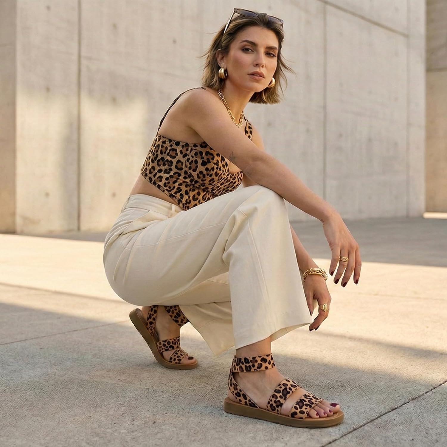 image:imageCUSHIONAIRE Indego Strappy Flat Sandals for Women with Elastic Upper Arch Support and Memory FoamLeopard