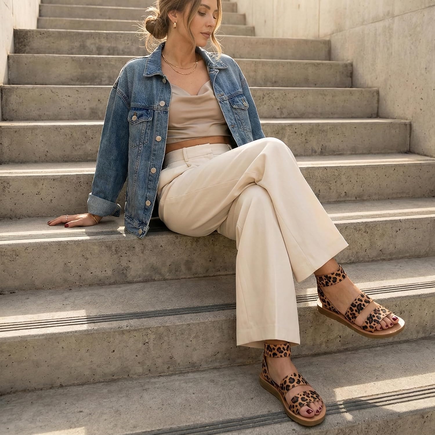 image:imageCUSHIONAIRE Indego Strappy Flat Sandals for Women with Elastic Upper Arch Support and Memory FoamLeopard