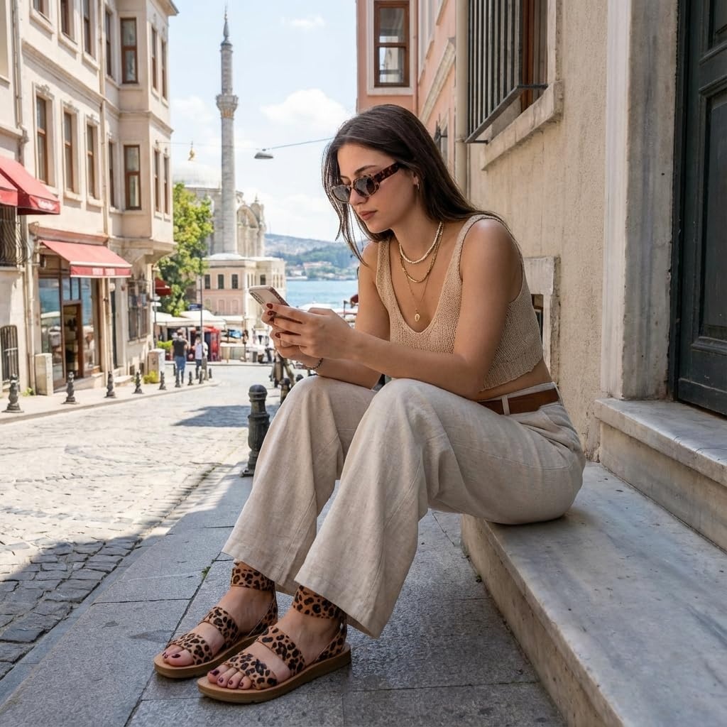image:imageCUSHIONAIRE Indego Strappy Flat Sandals for Women with Elastic Upper Arch Support and Memory FoamLeopard