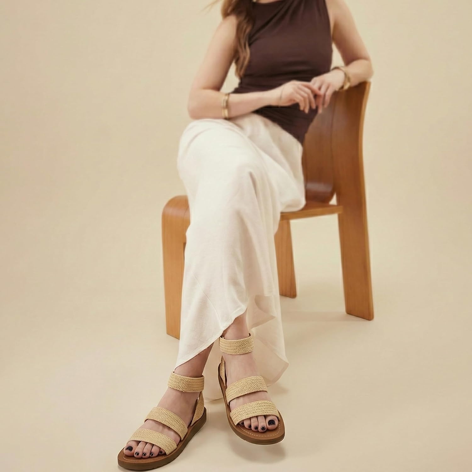 image:imageCUSHIONAIRE Indego Strappy Flat Sandals for Women with Elastic Upper Arch Support and Memory FoamNatural Raffia Gore