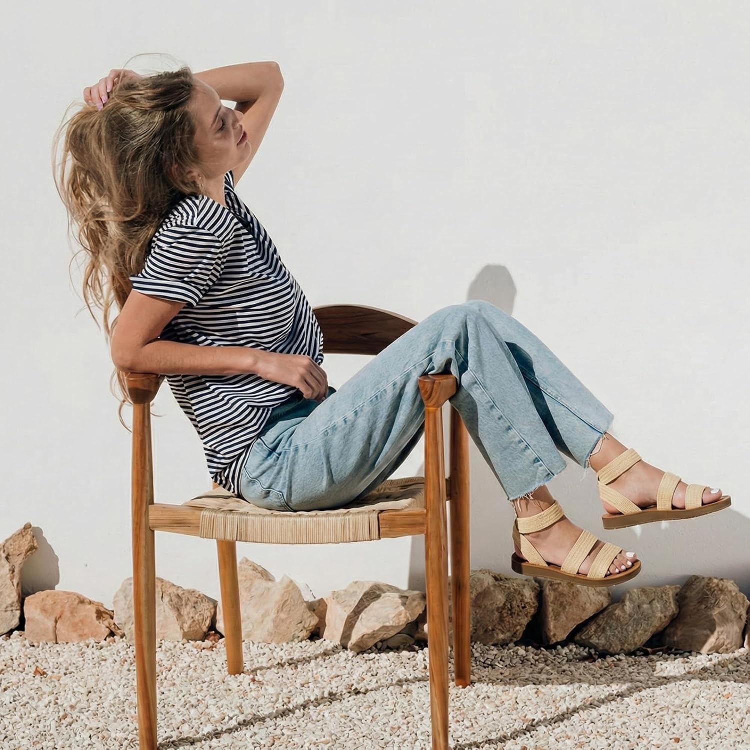 image:imageCUSHIONAIRE Indego Strappy Flat Sandals for Women with Elastic Upper Arch Support and Memory FoamNatural Raffia Gore