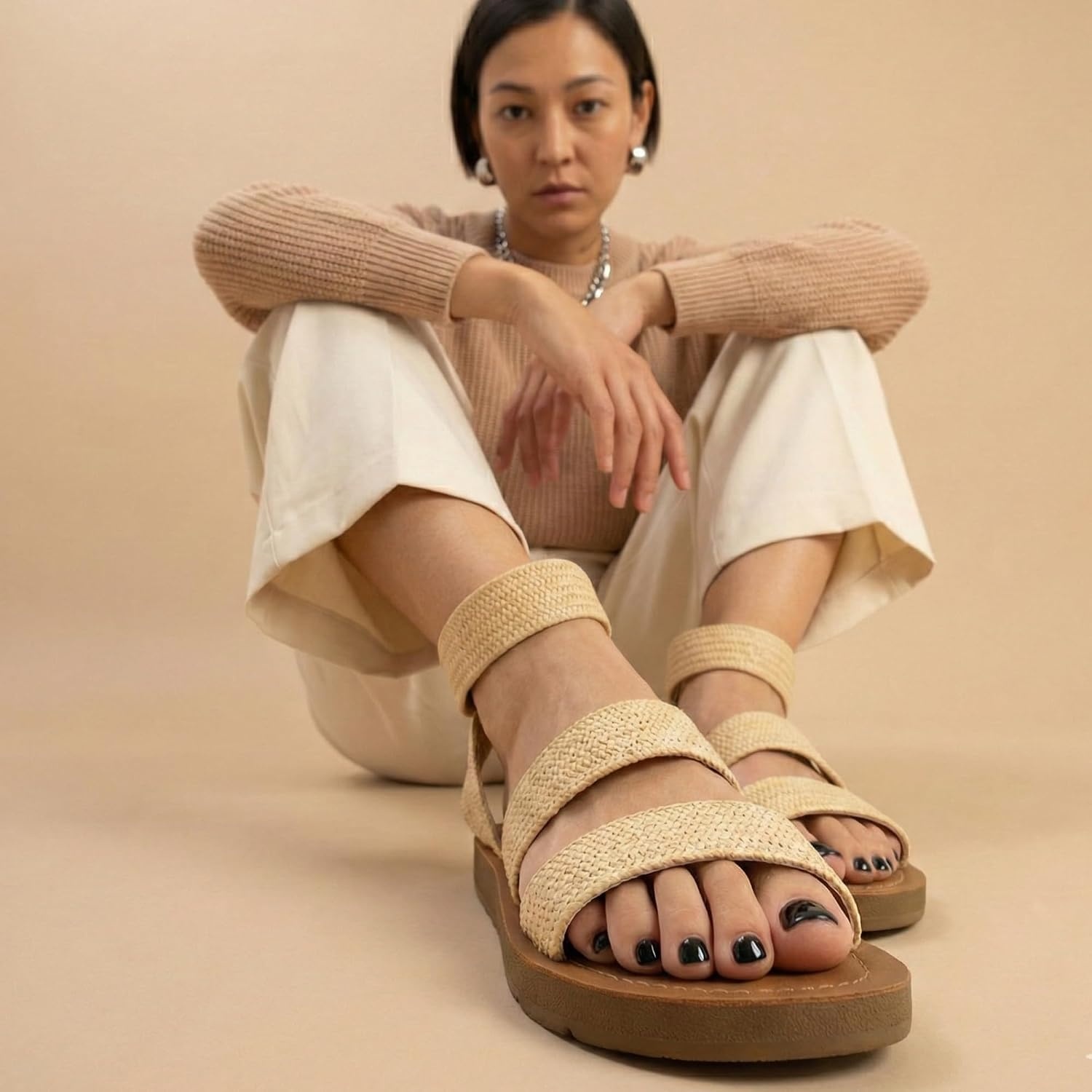 image:imageCUSHIONAIRE Indego Strappy Flat Sandals for Women with Elastic Upper Arch Support and Memory FoamNatural Raffia Gore
