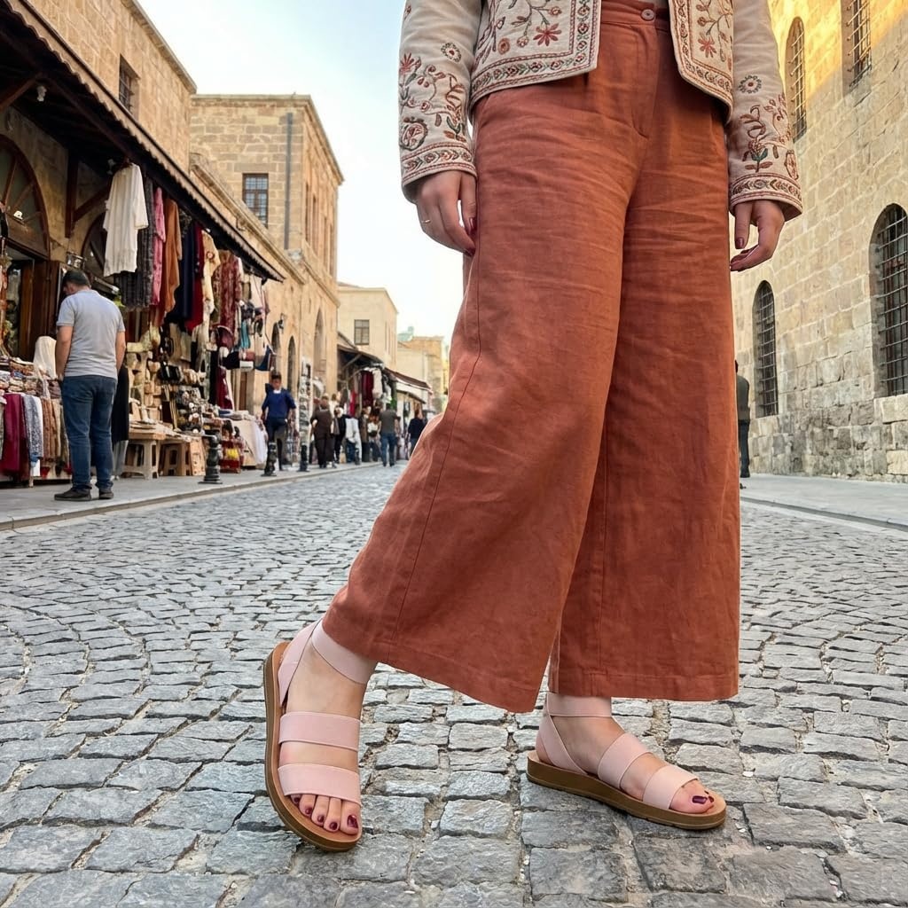 image:imageCUSHIONAIRE Indego Strappy Flat Sandals for Women with Elastic Upper Arch Support and Memory FoamNude