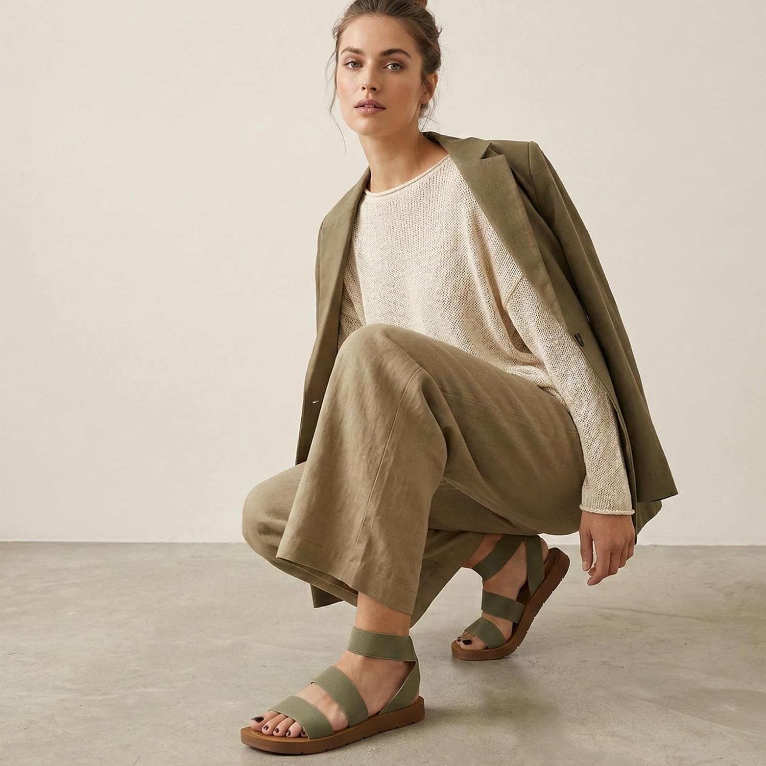 image:imageCUSHIONAIRE Indego Strappy Flat Sandals for Women with Elastic Upper Arch Support and Memory FoamOlive