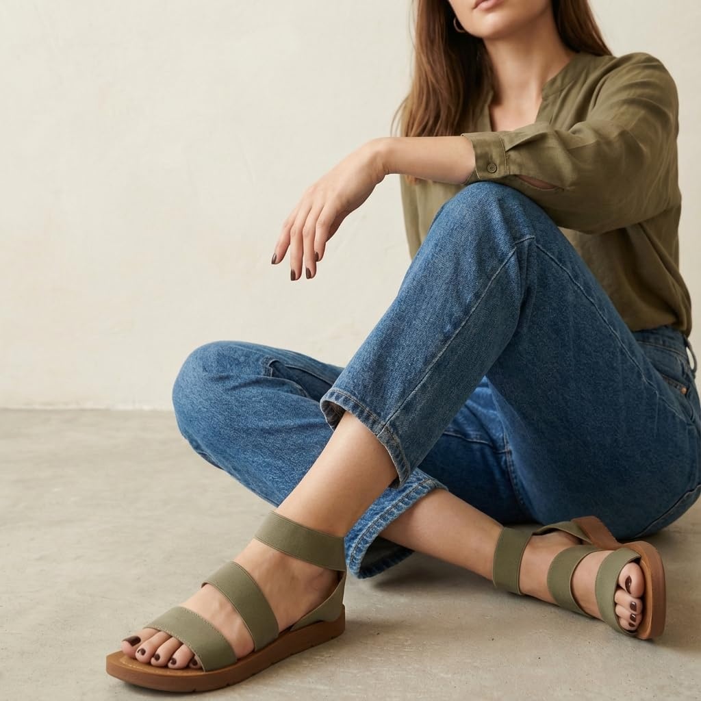 image:imageCUSHIONAIRE Indego Strappy Flat Sandals for Women with Elastic Upper Arch Support and Memory FoamOlive
