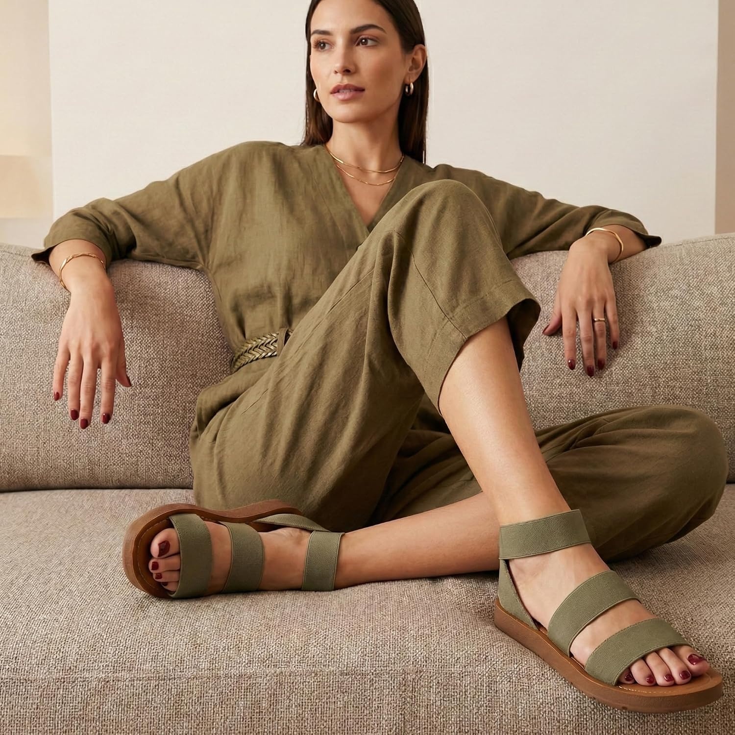 image:imageCUSHIONAIRE Indego Strappy Flat Sandals for Women with Elastic Upper Arch Support and Memory FoamOlive