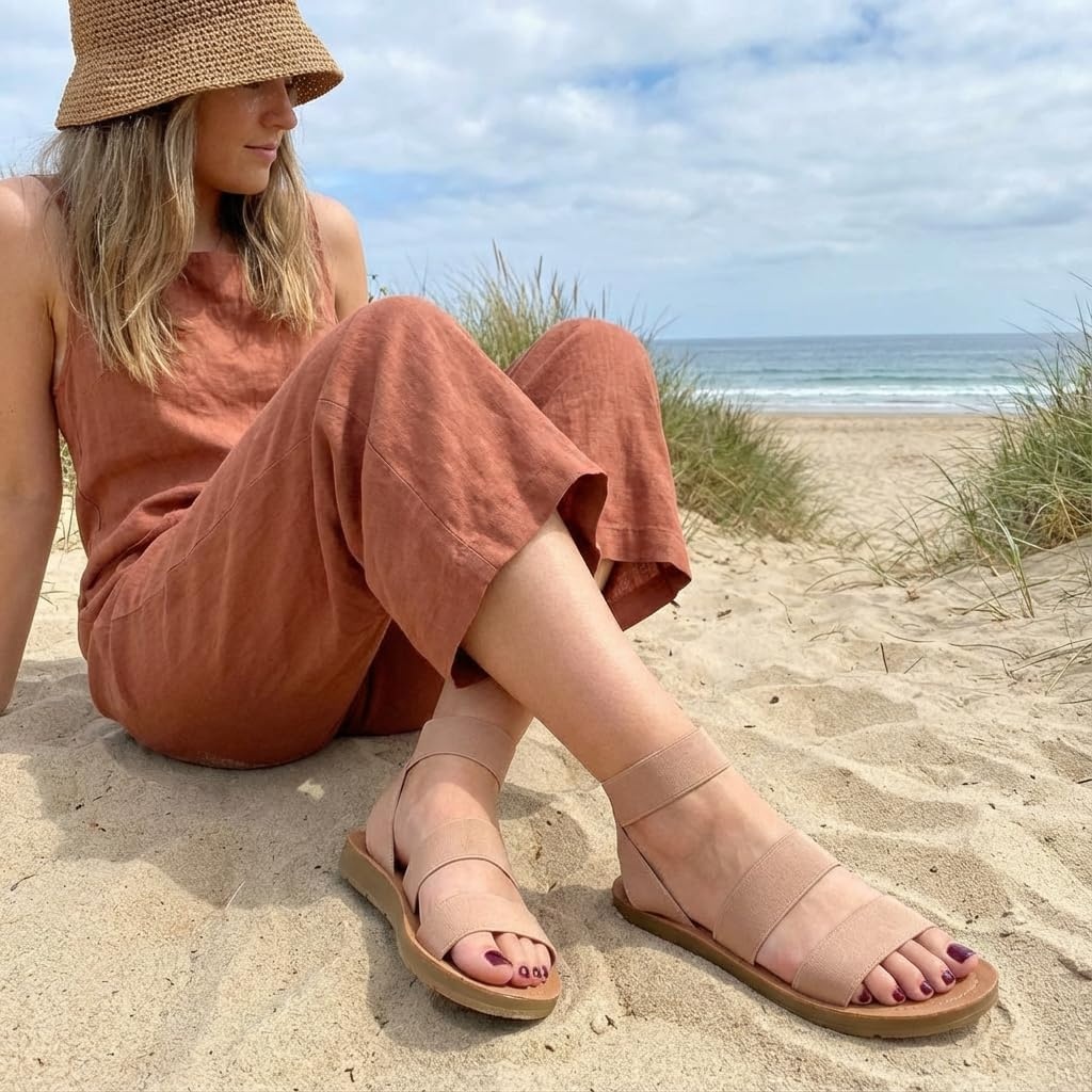 image:imageCUSHIONAIRE Indego Strappy Flat Sandals for Women with Elastic Upper Arch Support and Memory FoamTaupe