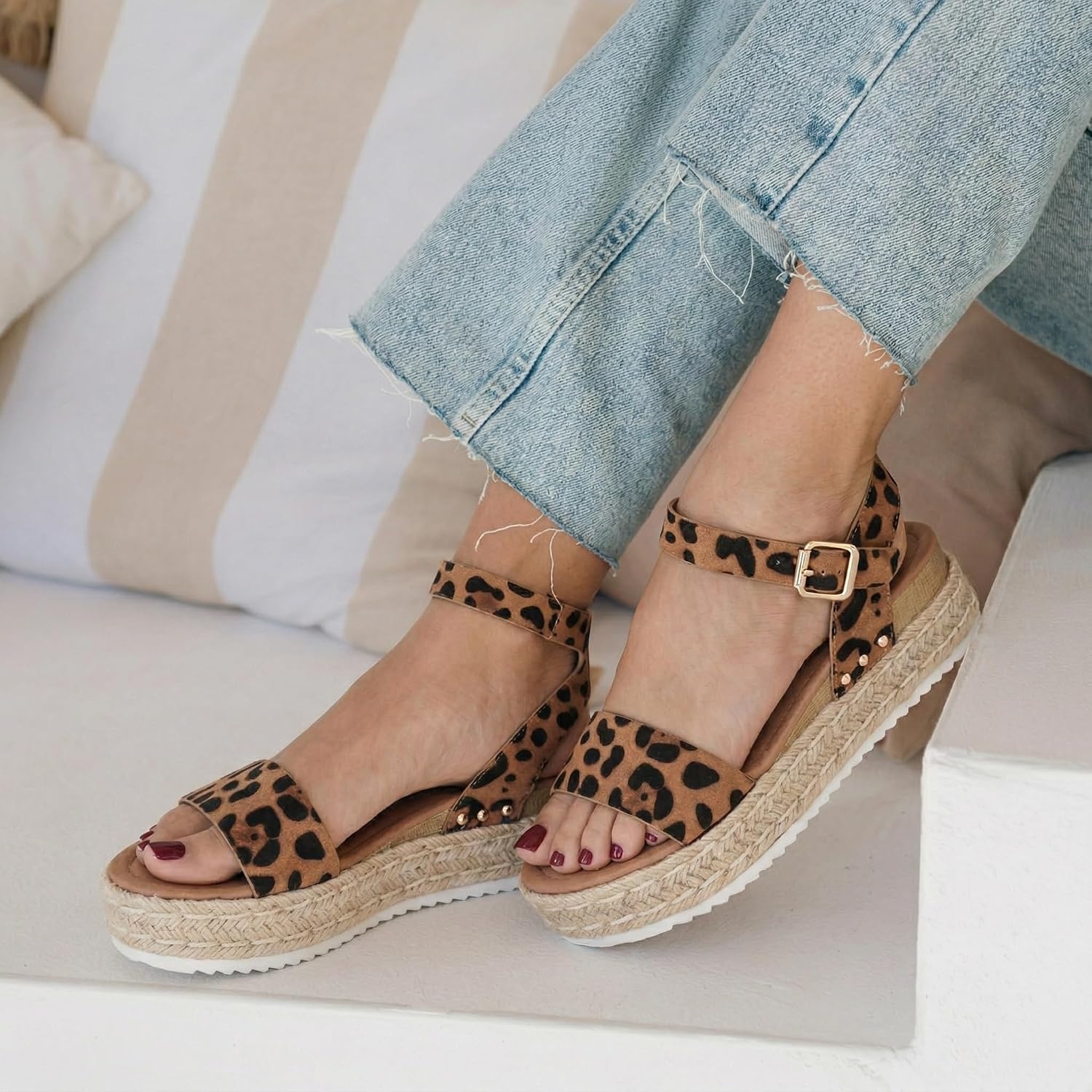 image:imageCUSHIONAIRE Melissa Espadrille Platform Sandals For Women with Adjustable Ankle Strap and Memory Foam InsoleComfortable Womens Sandals for SummerLeopard