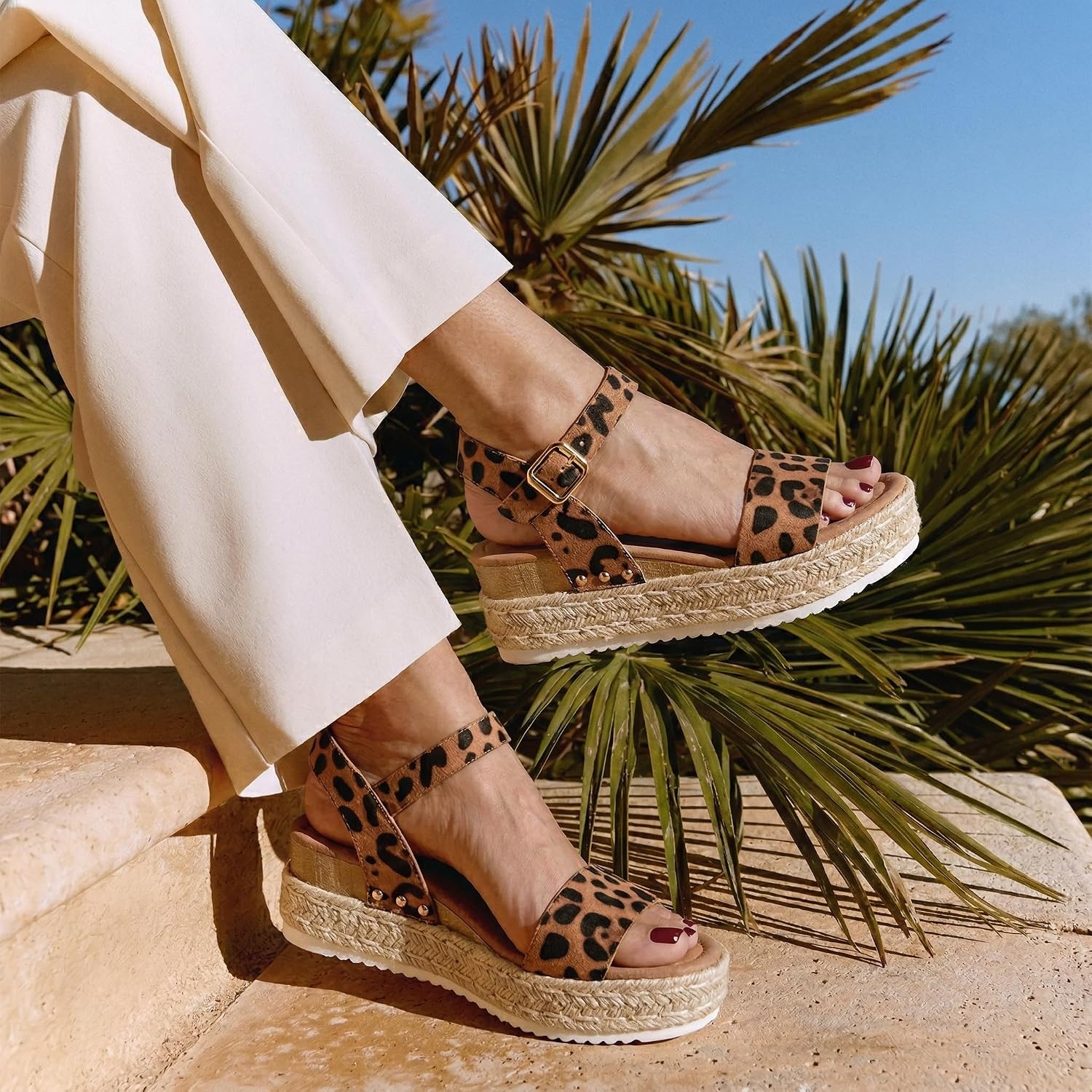image:imageCUSHIONAIRE Melissa Espadrille Platform Sandals For Women with Adjustable Ankle Strap and Memory Foam InsoleComfortable Womens Sandals for SummerLeopard