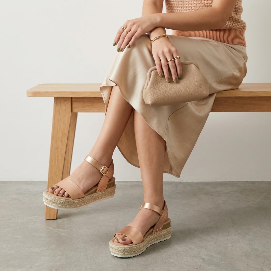 image:imageCUSHIONAIRE Melissa Espadrille Platform Sandals For Women with Adjustable Ankle Strap and Memory Foam InsoleComfortable Womens Sandals for SummerRose Gold