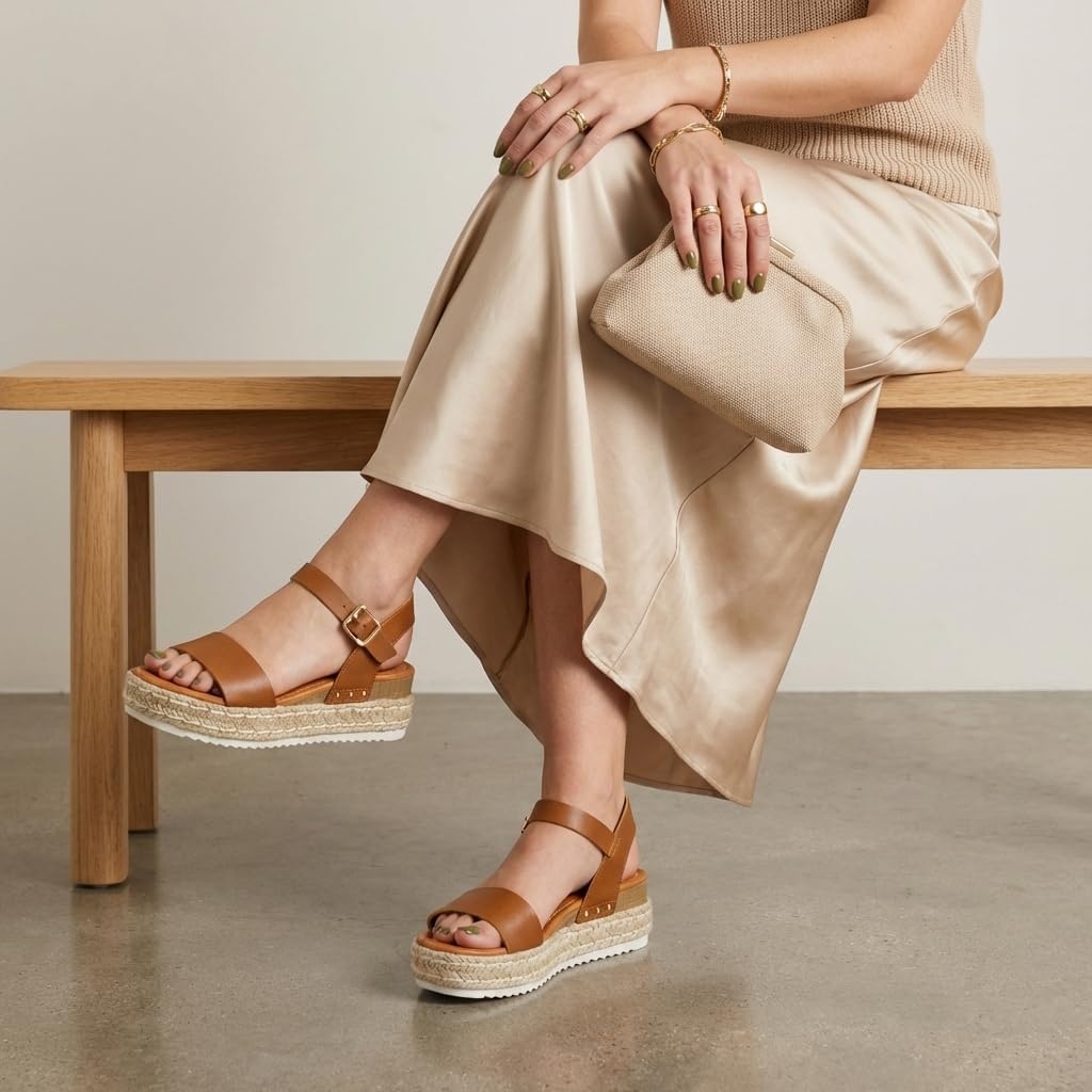 image:imageCUSHIONAIRE Melissa Espadrille Platform Sandals For Women with Adjustable Ankle Strap and Memory Foam InsoleComfortable Womens Sandals for SummerTan