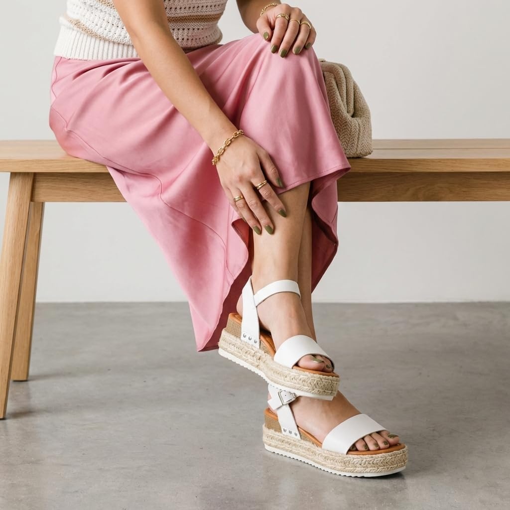 image:imageCUSHIONAIRE Melissa Espadrille Platform Sandals For Women with Adjustable Ankle Strap and Memory Foam InsoleComfortable Womens Sandals for SummerWhite